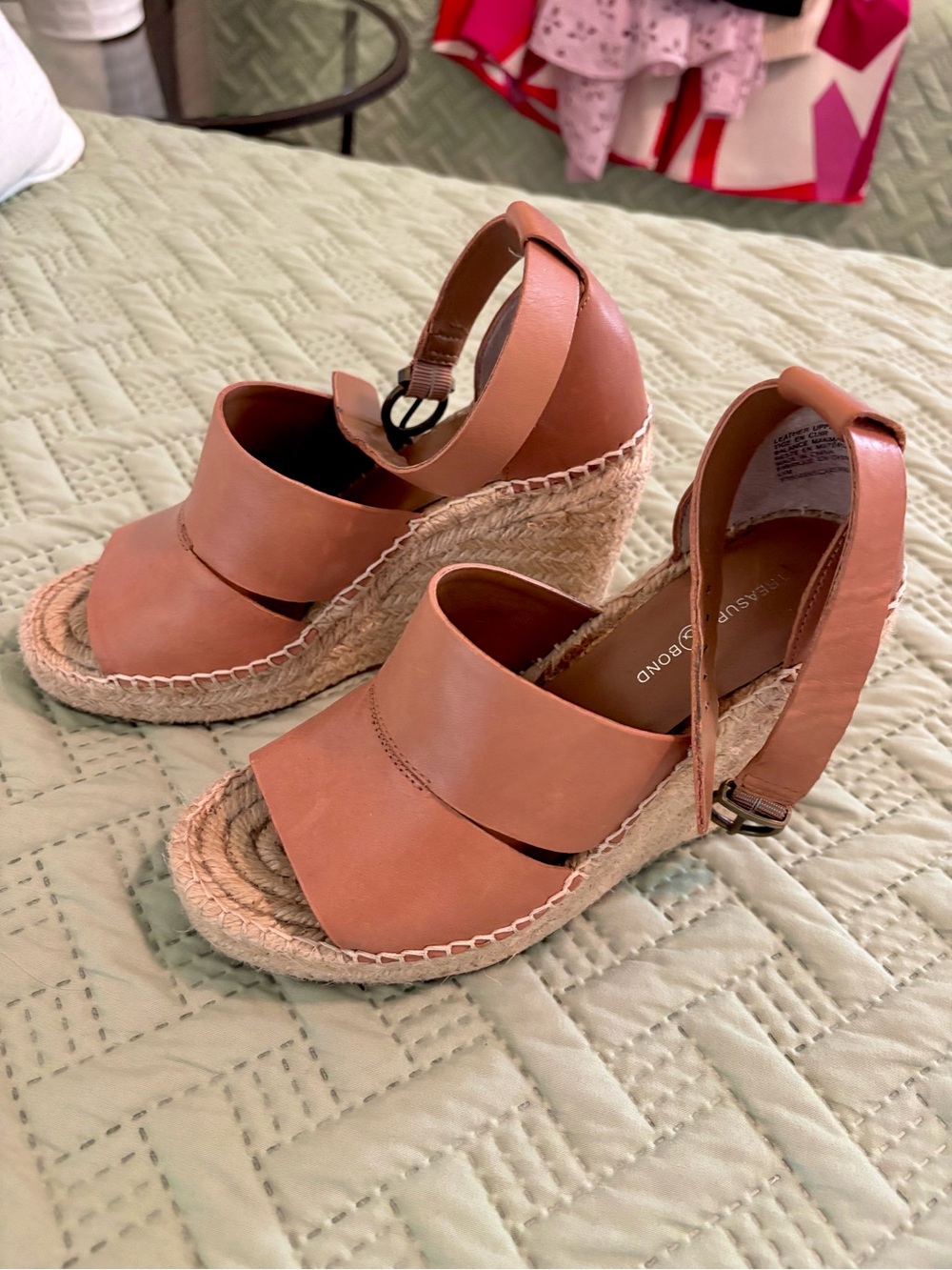 Treasure & Bond Tan Leather Espadrille Wedge Sandals with Ankle Strap